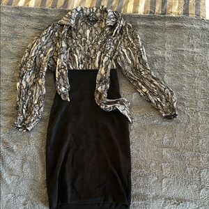 Bebe Black Pencil Dress with Snake-Print Tie-Front Blouse